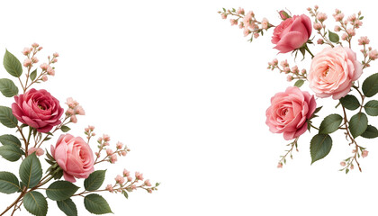Elegant botanical arrangement with pink roses and delicate blossoms frame design