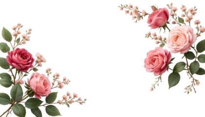 Elegant botanical arrangement with pink roses and delicate blossoms frame design