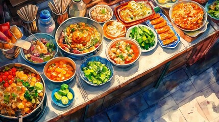 Watercolor painting showcases a vibrant array of diverse Asian street food dishes arranged attractively on a vendor's stall, enticing hungry customers at lunchtime.