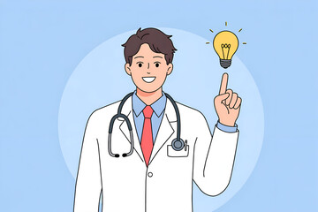 Male doctor pointing at light bulb, enthusiastic, light blue background.