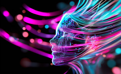Futuristic glowing female face made of neon lines and particles flowing through digital space.
