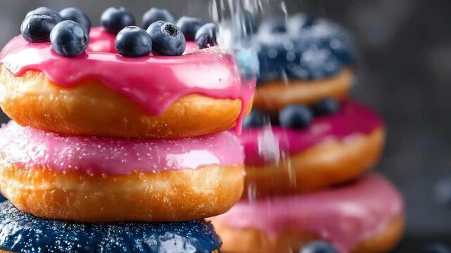 Stacked doughnuts with blueberry topping and pink icing.