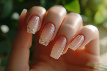 Manicure closeup. Woman casual classic nails close-up. Nail care in beauty salon. Spa healthy treatments for female hands. Fashion basic summer trendy manicure.