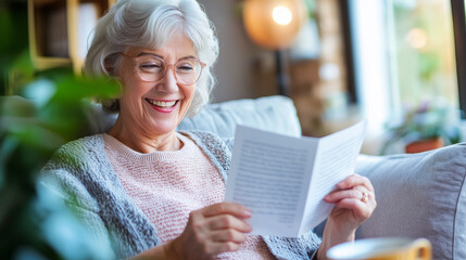 Fototapeta na wymiar Smiling elderly woman sitting on a couch holding and reading a greeting card in a cozy home setting. 