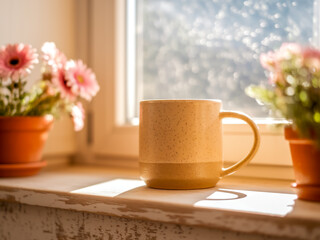 A warm, natural photograph of a ceramic beige mug with a speckled texture sitting on a wooden windowsill.