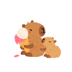 Vector capybara icon. Cute capibara sitting and eating ice cream with closed eyes. Funny happy animal illustration isolated on white background. Comic trendy guinea pig clipart