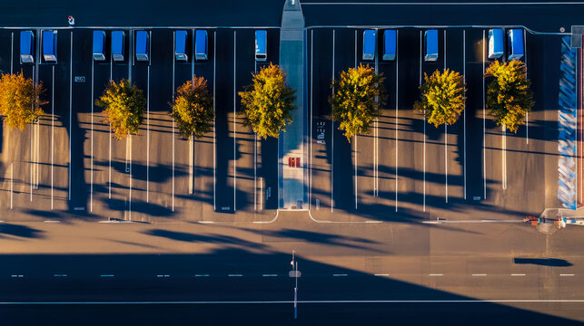Zenithal view: Fall parking lot with trees and cars, casting long shadows, creating a sense of order and autumnal aesthetic