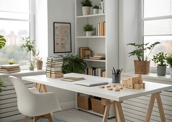 Bright home office setup with desk plants and bookshelf for inspiration