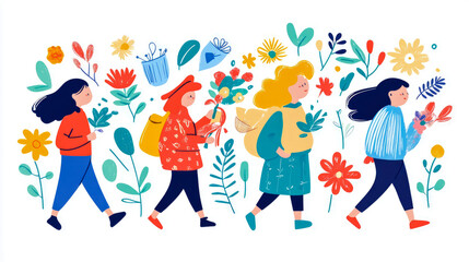Fototapeta premium Floral Walk: A Spring Celebration of Friends and Nature in a Cheerful and Playful Composition for Print