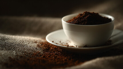 A white coffee cup with coffee grounds on the table.
