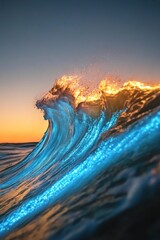 Bioluminescent wave glowing during beautiful sunset over ocean