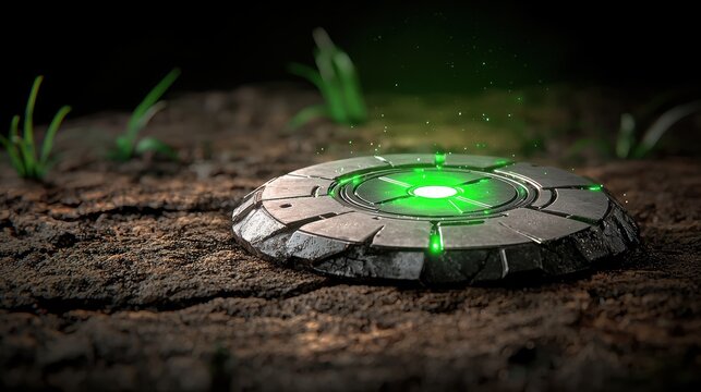 Glowing Green Futuristic Disc on Dark Soil