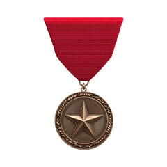 Fototapeta premium Bronze medal with a red ribbon, symbolizing achievement and honor, displayed against a plain background