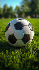 Obraz premium Game day gear: A black and white ball rests on fresh green grass, ready for the big game