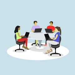 Teamwork concept vector illustration featuring office employees working together around a round table with laptops and desktop computers. The scene represents a modern, collaborative workspace with a 