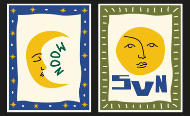 Solstice bright poster collection with sun, moon, plants, female body. Vector illustration in folk style. Set of background designs for postcards, posters, wall art, greeting cards