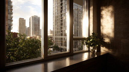 Fototapeta premium City view on a cheery clarence solar day with modern buildings, walls, and window