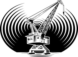 SVG vector depicting a hacker launching cyber and physical attacks in a digital warfare scenario. Industrial Crane With Waves Symbolizing Strength and Power