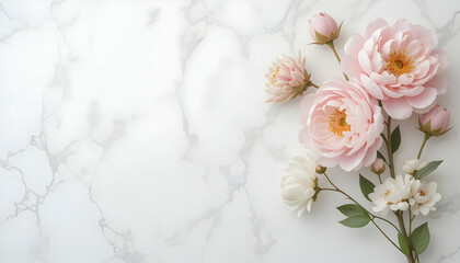 Floral Arrangement on Marble Background with Copy Space
