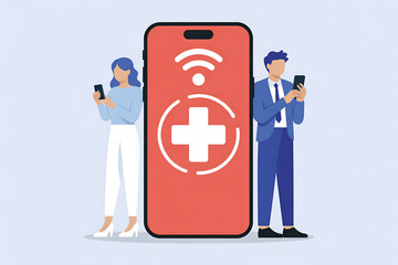 Smartphone with medical app, two figures, light gray background.