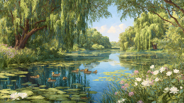 Willow tree hanging over a quiet pond with ducklings and lily pads, gentle ripples and reflected light, Illustration for Children's story books 14045442 2