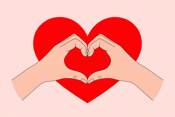 Hands forming heart shape, red heart background, pink backdrop.