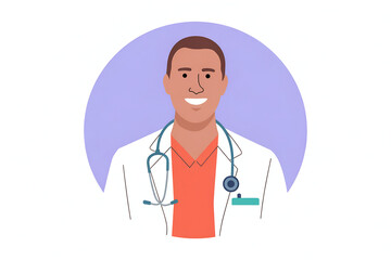 Male healthcare professional, stethoscope, purple circular background.