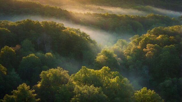 An aerial view of a dense temperate forest canopy
