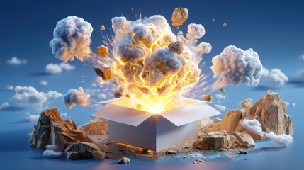 A magical white box bursts open, unleashing a bright light, smoke, and scattered rocks against a blue cloudy sky in a surreal and conceptual illustration.