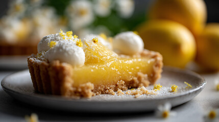 Close up of a homemade lemon harlot on a plate against a clean background