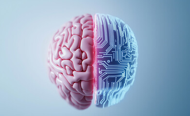 Half human brain and half digital circuit brain symbolizing the fusion of biology and artificial intelligence.
