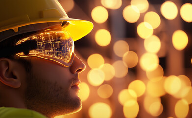 Construction worker in safety gear with digital interface reflections in his glasses, surrounded by glowing lights.
