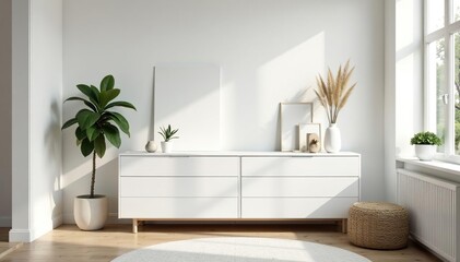 Modern white dresser in a minimalist bedroom, featuring clean lines and ample storage , light, spacious