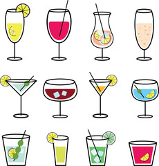 Illustration of different drinks in different glasses. Vector illustration of summer cocktails. Banner with the image of both soft and alcoholic drinks. Vector illustration eps 10