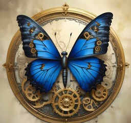 Illustration of blue butterflies with clock cog.