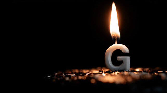 Close up of a whitened missive g natal day candle with flack on a black background.