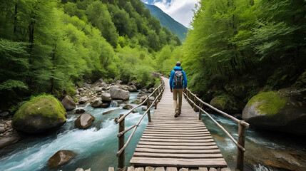 trekking and hiking , man in wooden bridge over  river