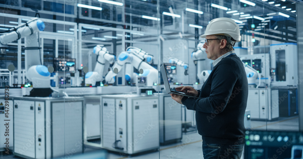Poster caucasian male engineer in a hard hat using a laptop computer to monitor robotic arms in an advanced
