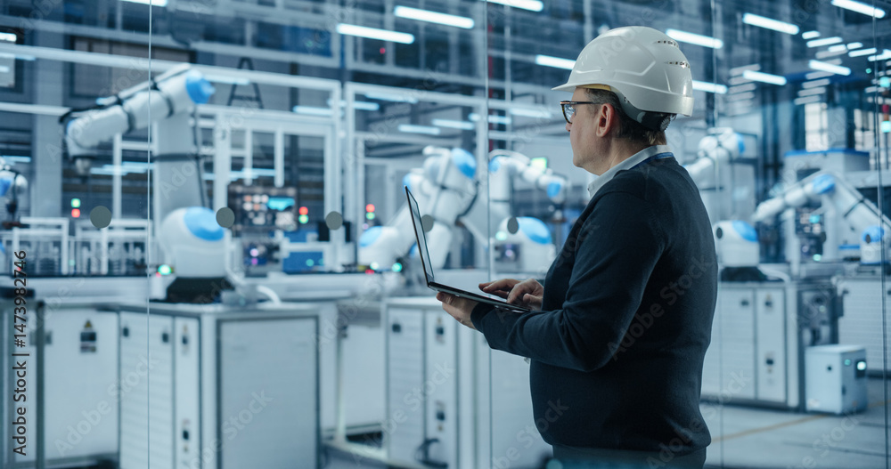 Aufkleber Computer Monitors Display Robotic Operations and Data Analytics. Engineer in a Hard Hat Working in an Industrial Facility, Using Laptop Computer to Monitor Robotic Arms in a Futuristic Factory