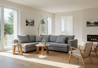 Bright living room features gray sectional sofa and modern fireplace
