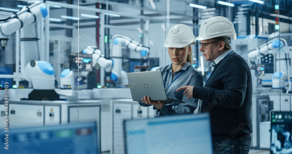 Poster Male Engineer and Female Project Manager Standing Next to an Assembly Line, Talking, Using Computer and Monitoring Production at a Modern Automated Electronics Manufacture with AI Robotic Arms