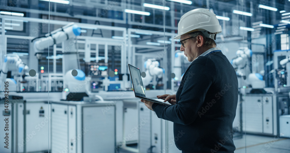 Leinwandbilder Electronics Factory Manager Working on Laptop at an Industrial Manufacture with Robotic Arms. Specialist in a Hard Hat Monitoring Data on a Computer, Checking and Planning Production Process