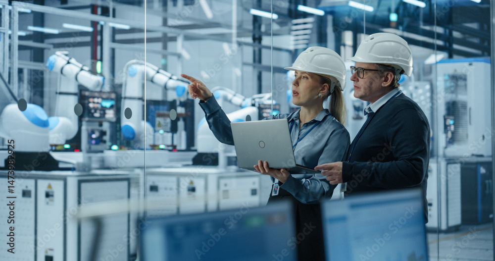Poster Young Engineer and Technician Having a Conversation and Using a Laptop Computer. Industrial Specialists Monitoring, Analyzing Conditions at a Modern Electronics Factory with Automated Assembly Line