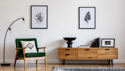 Minimalist interior featuring a wooden sideboard, green armchair, black floor lamp, framed artworks, and a herringbone wooden floor with a patterned rug.