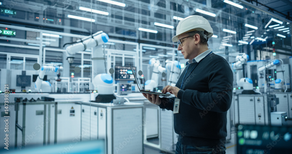 Poster Industrial Systems Administrator Working on Laptop Computer at a Modern Manufacturing Plant. Software Developer Programming the Work of the Robotic Arms, Monitoring Production on the Assembly Conveyor