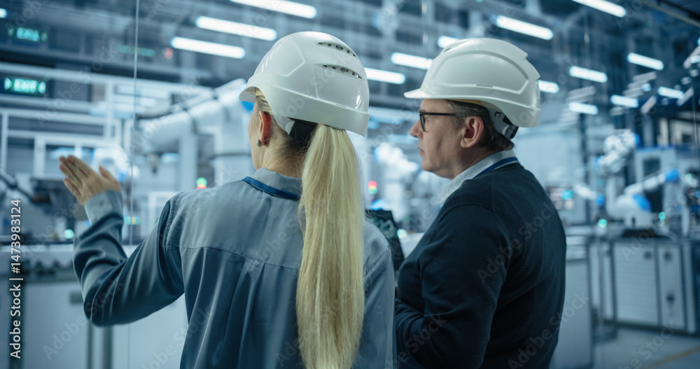 Poster Male Engineer and Female Project Manager Standing Next to an Assembly Line, Talking, Using Computer and Monitoring Production at a Modern Automated Electronics Manufacture with AI Robotic Arms