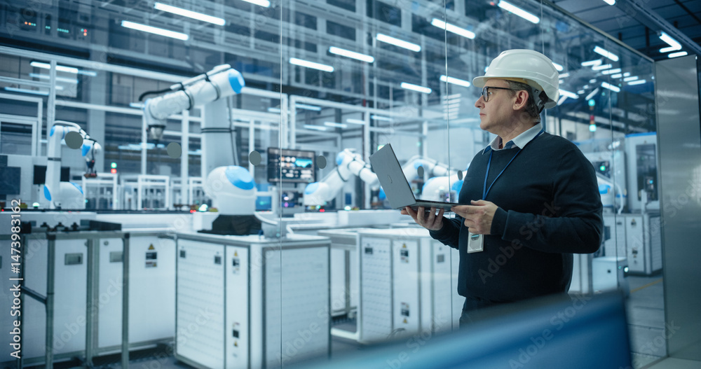 Poster Industrial Systems Administrator Working on Laptop Computer at a Modern Manufacturing Plant. Software Developer Programming the Work of the Robotic Arms, Monitoring Production on the Assembly Conveyor
