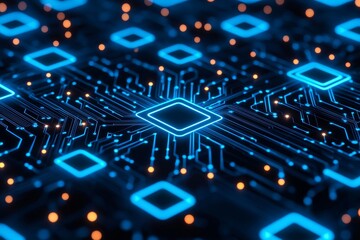 Abstract digital circuit design with glowing blue elements. AI with future digital literacy concept.