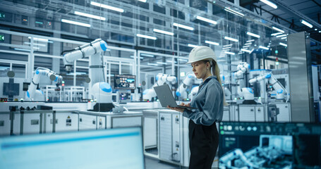 Portrait of a Female Engineer in a Hard Hat Working in an Industrial Facility. Industrial Manager Using Laptop Computer to Monitor Robotic Arms in a Futuristic Electronics Factory