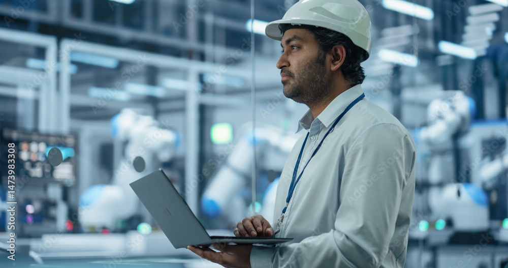 Poster indian electronics factory manager working on laptop at an industrial manufacture with robotic arms.